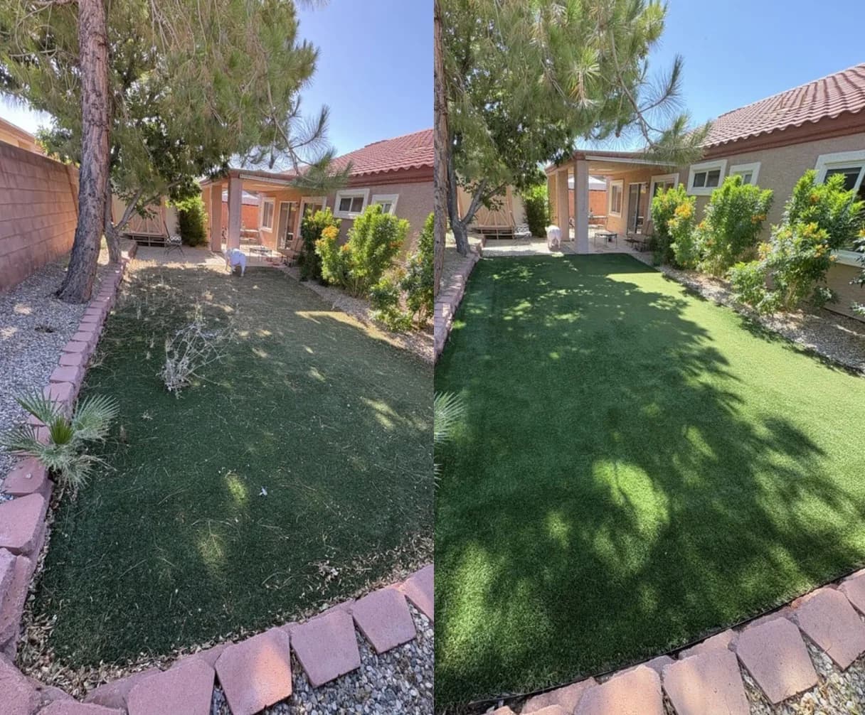 After photo of a backyard artificial turf area in Mesquite NV showing clean, upright green grass fibers free of debris, bordered by red brick edging and surrounded by pine trees and desert shrubs.