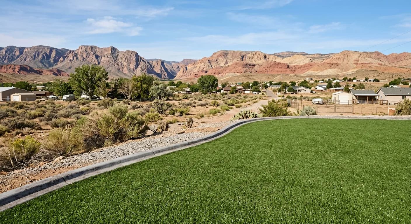 Beaver Dam Arizona rural backyard with restored artificial turf, Virgin River valley foothills in the distance