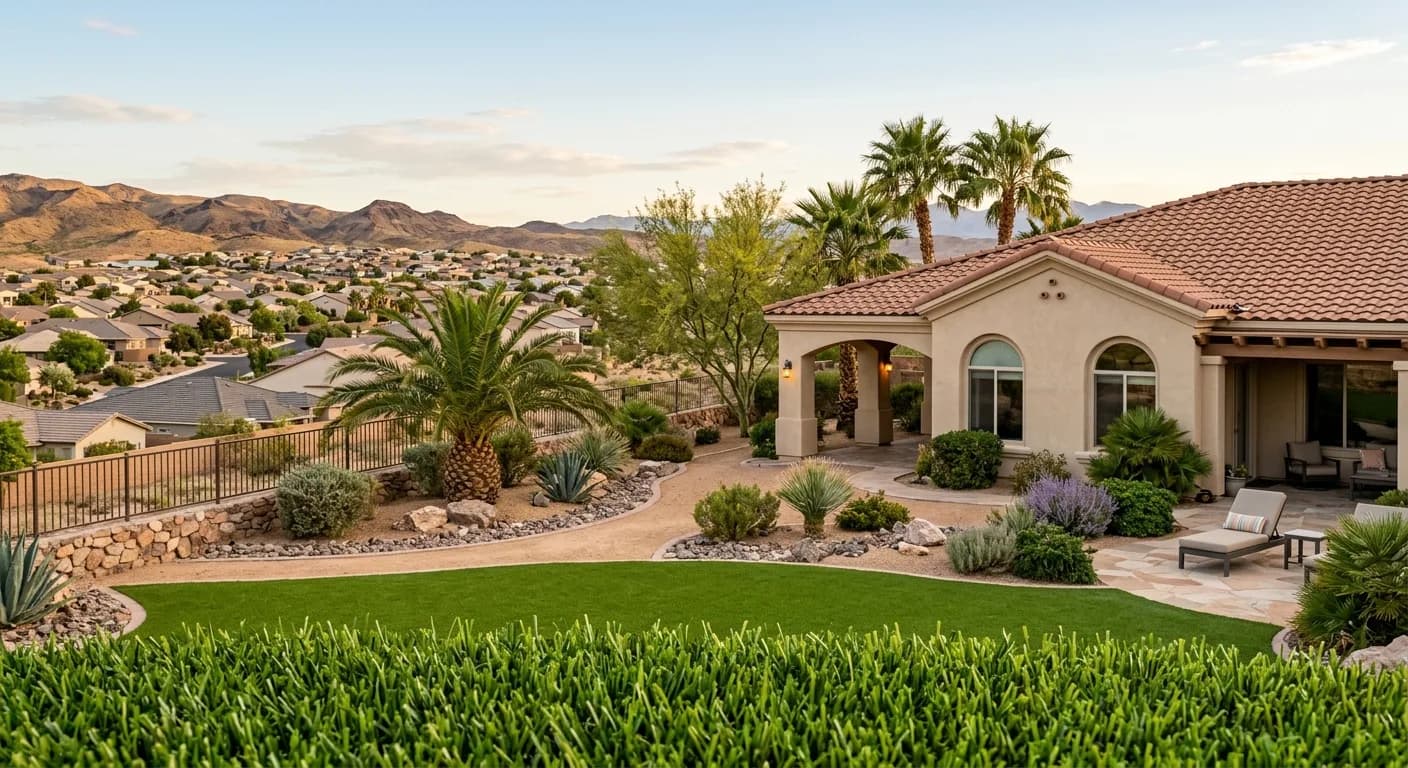 Mesquite Nevada desert backyard with restored artificial turf
