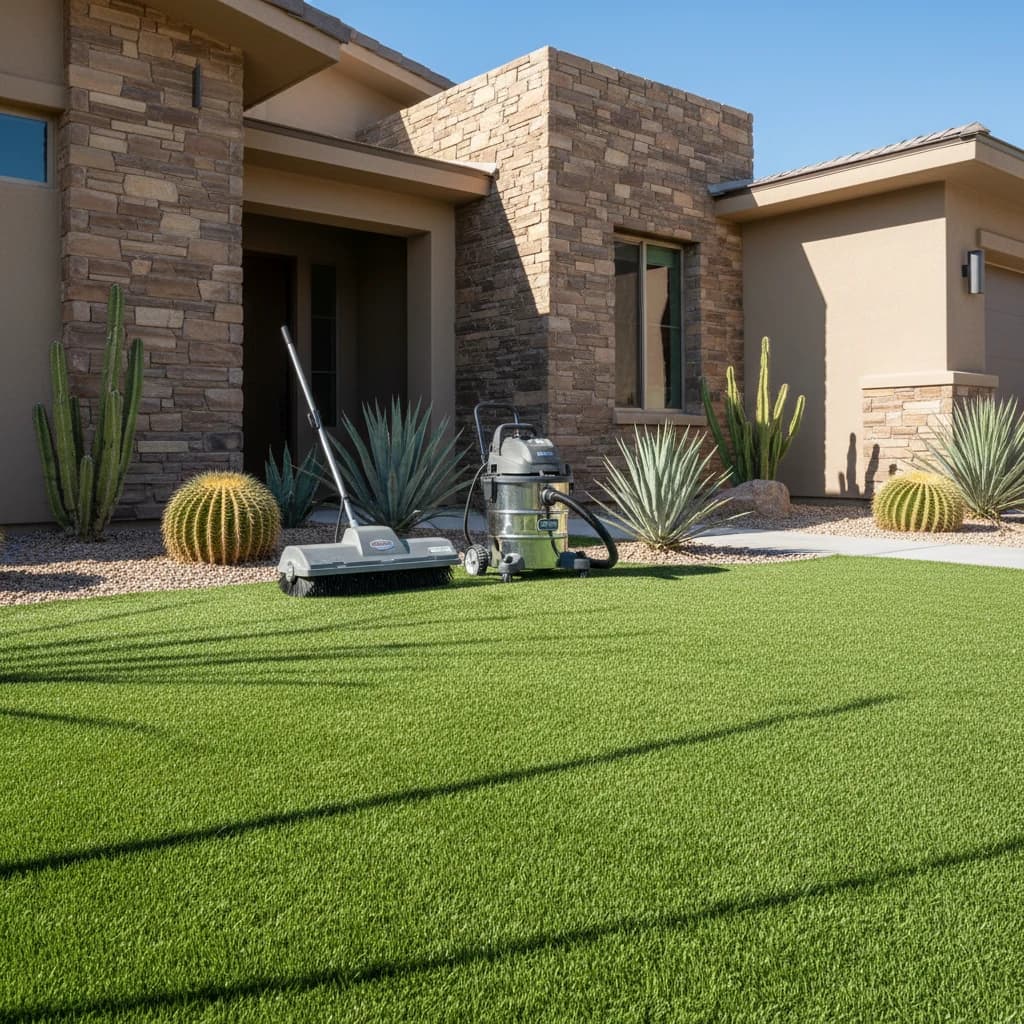 Artificial turf cleaning equipment beside a clean desert yard