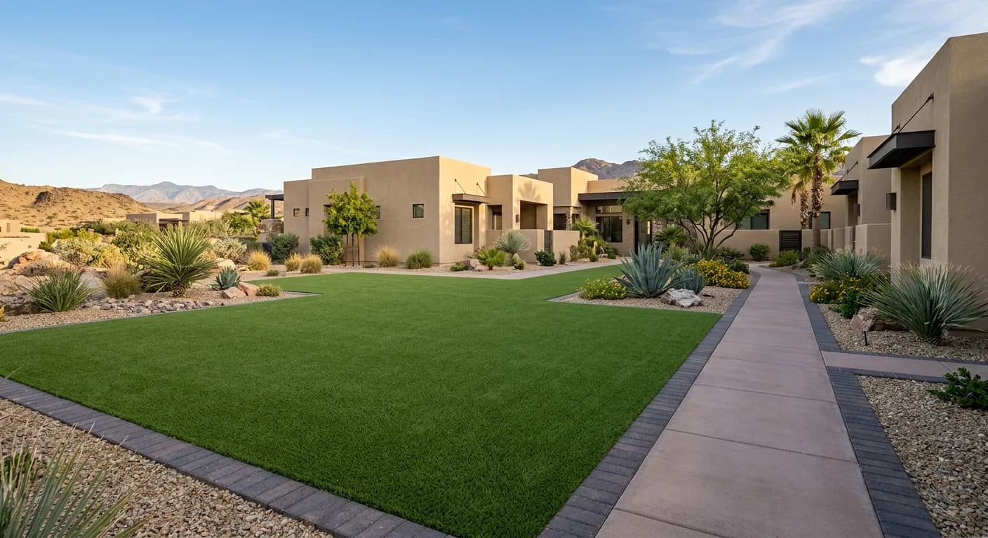 Modern HOA common-area artificial turf courtyard cleaned and groomed with walkway edges