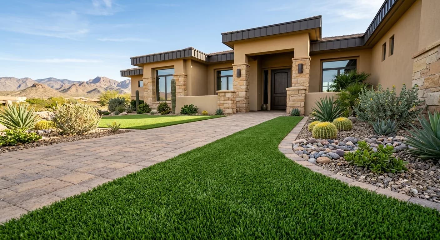 Commercial property artificial turf strip along a paved entry walk with professional landscaping