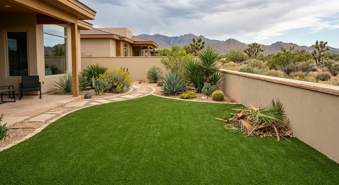 Artificial turf backyard after a monsoon cleanup with a tidy pile of palm fronds and leaves to the side