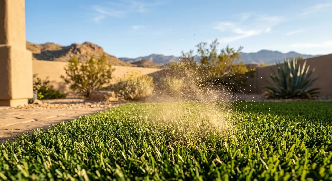 Close angle of freshly cleaned artificial turf with fine desert grit lifting in afternoon sun