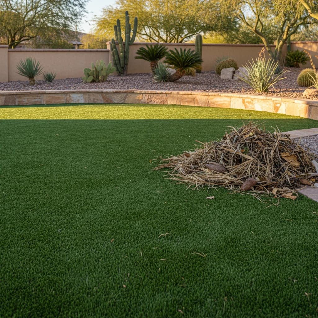 Artificial turf after desert debris and leaf removal