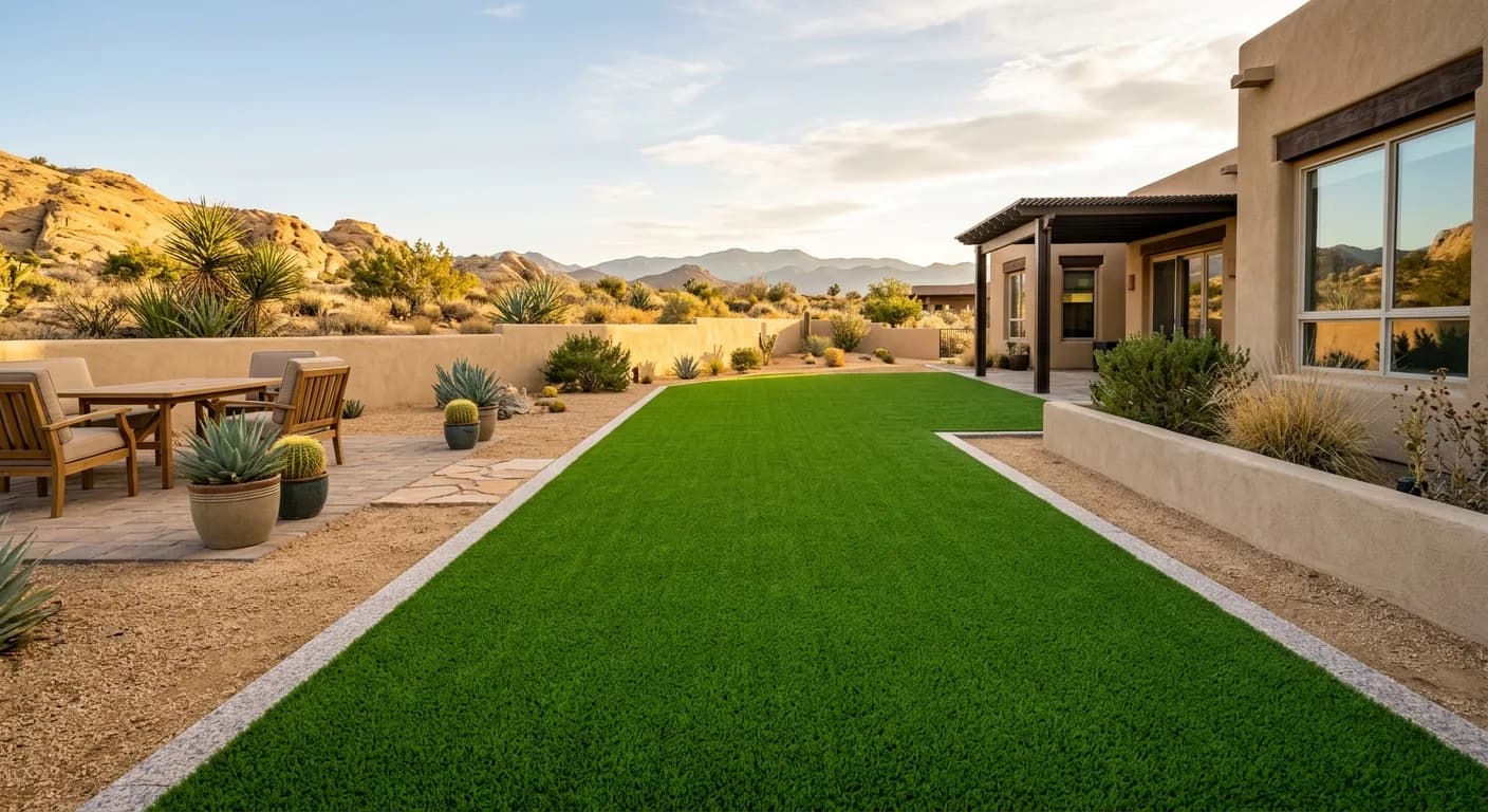 Wide angle of a freshly deep-cleaned artificial turf backyard with upright vibrant pile and beige stucco wall