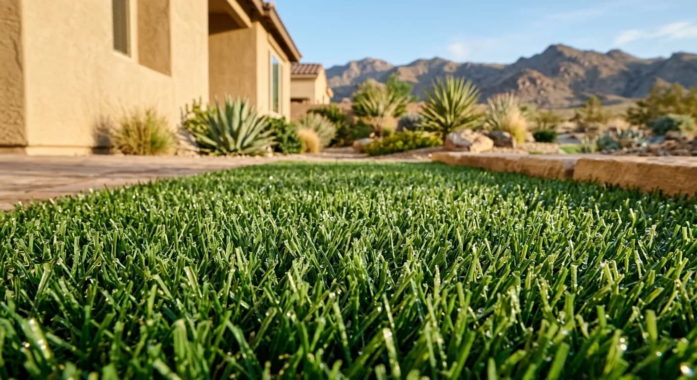 Macro detail of freshly deep-cleaned artificial turf fibers with sharp blade texture