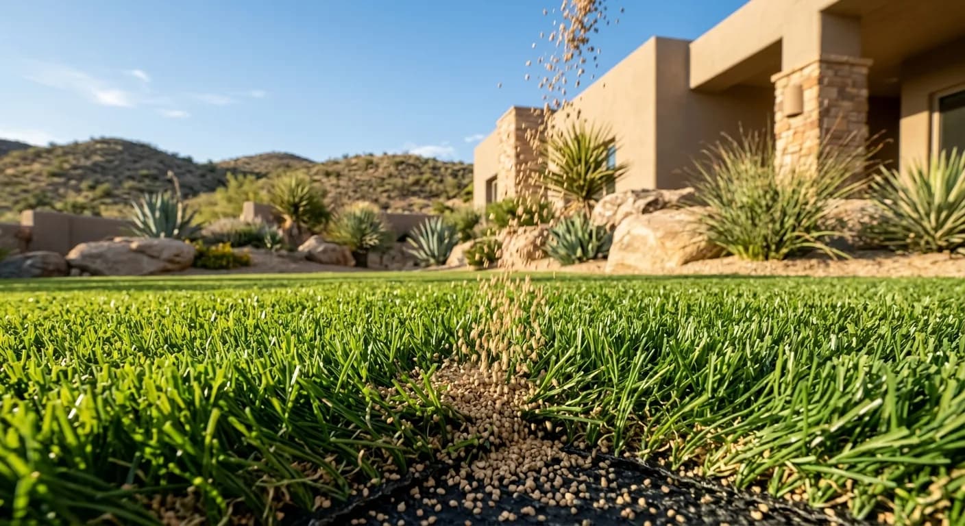 Macro of sand-like infill granules being distributed across artificial turf