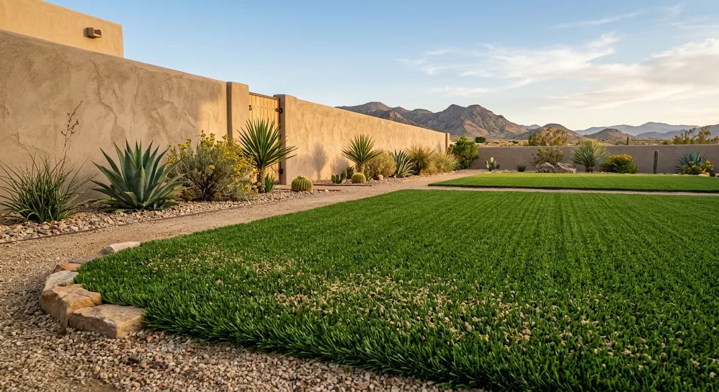 Wide view of an artificial turf side yard after an infill top-off with upright lifted pile
