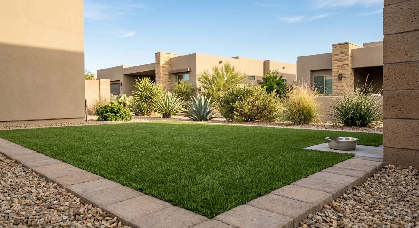 Backyard dog run on artificial turf with paver border, clean treated surface, no pets in frame