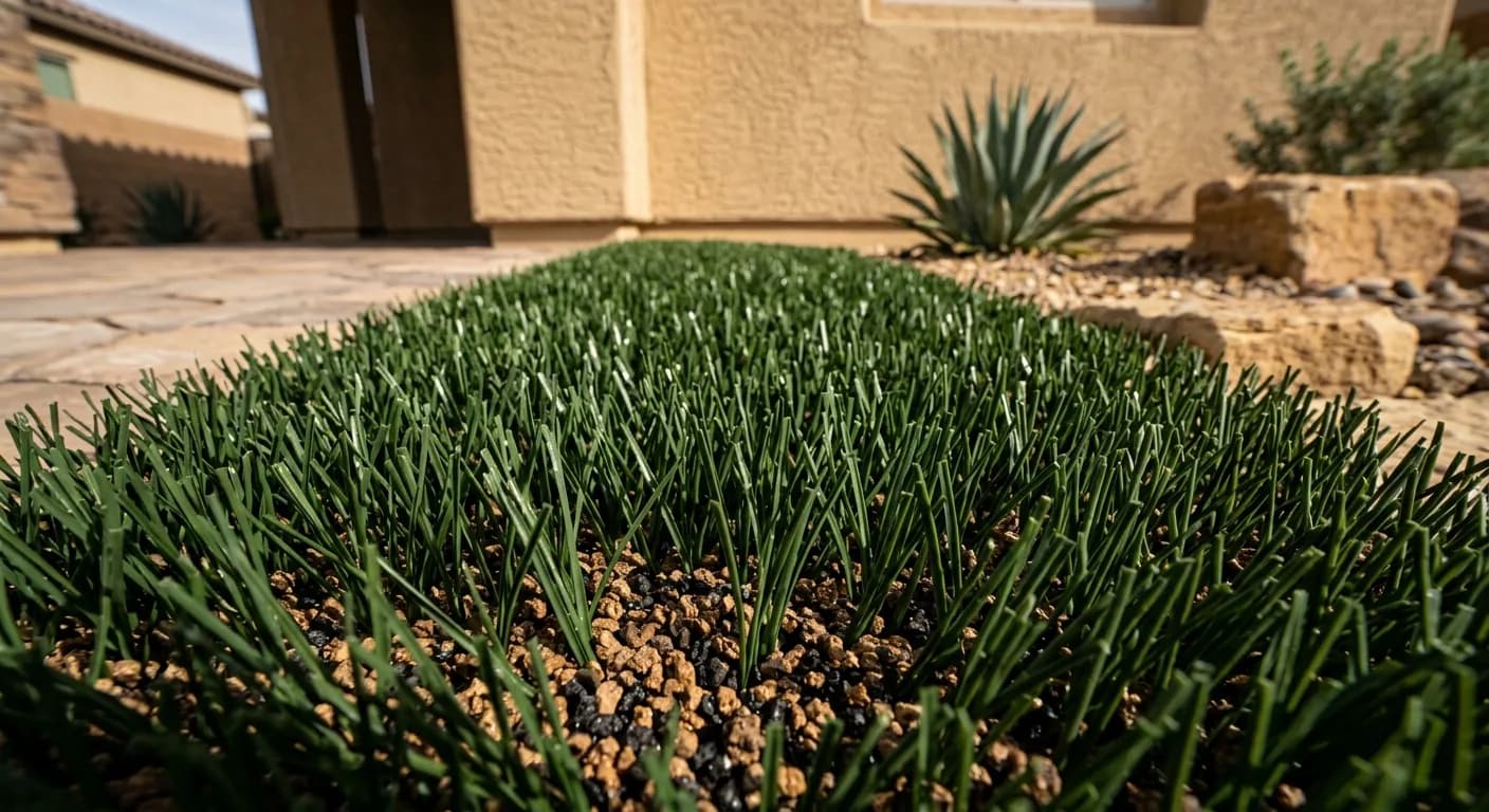 Macro of artificial turf infill granules between upright blades with fresh hygienic look