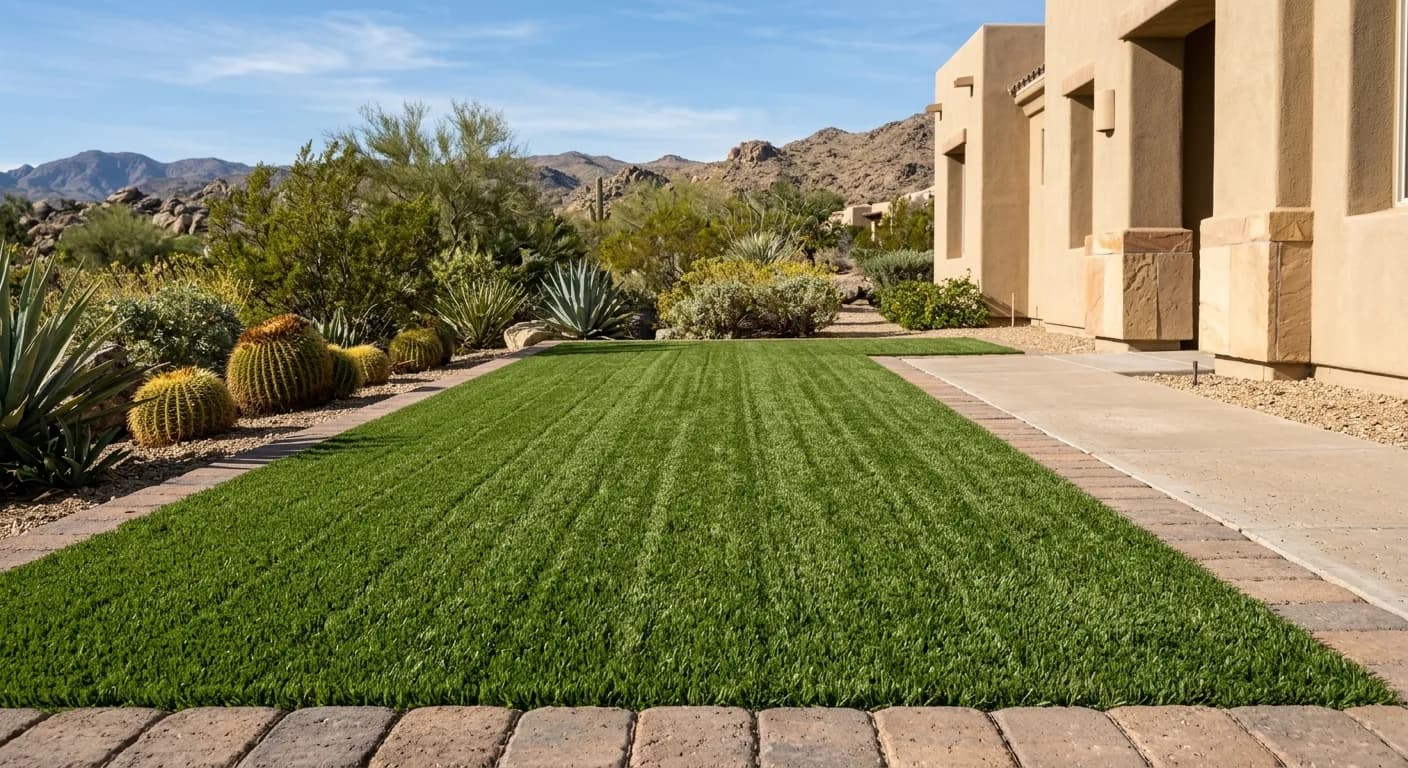 Artificial turf side yard with visible directional brush grooves after power brooming