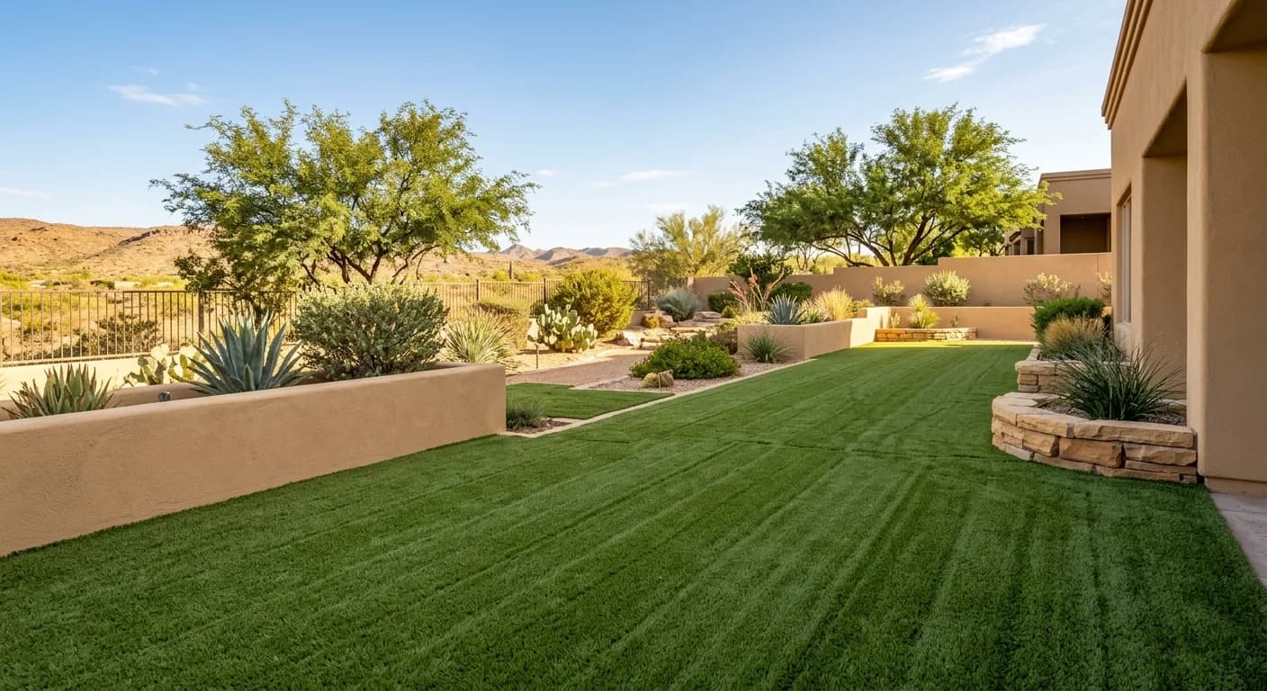Wide shot of a residential backyard turf after a finishing power brooming pass with lifted blade pattern
