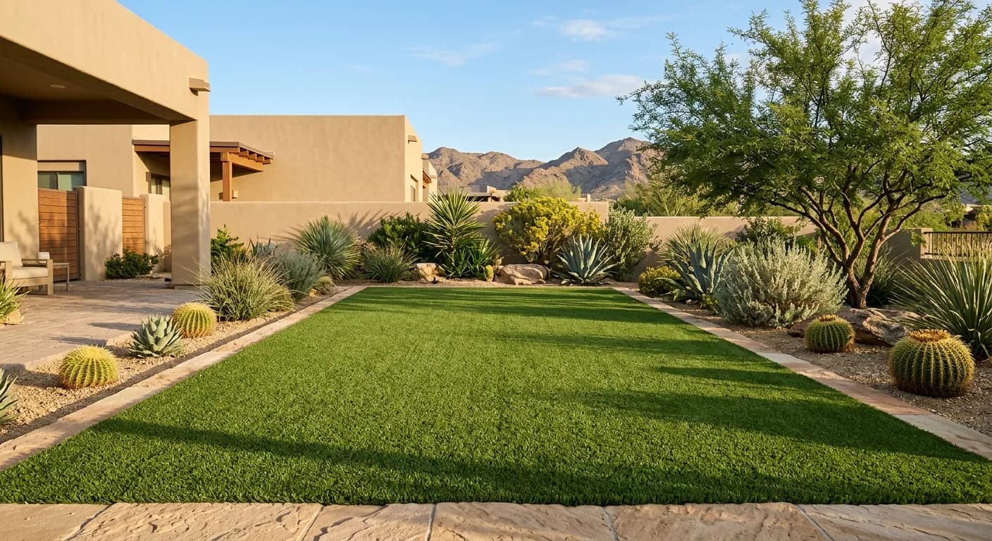 Well-maintained Mesquite backyard artificial turf in late afternoon light with desert planting border