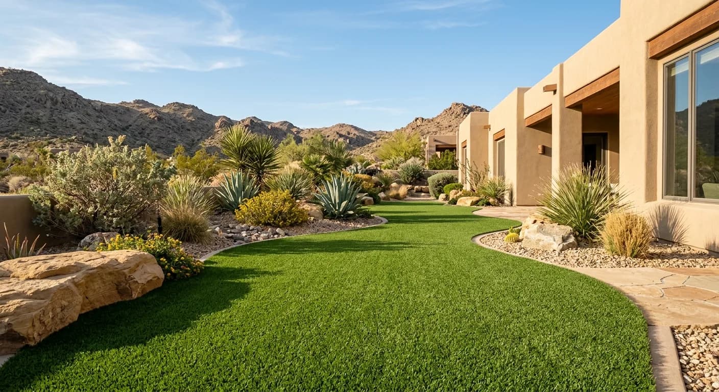 Wide shot of an artificial turf yard on a recurring maintenance route with clean edges and fresh upright pile