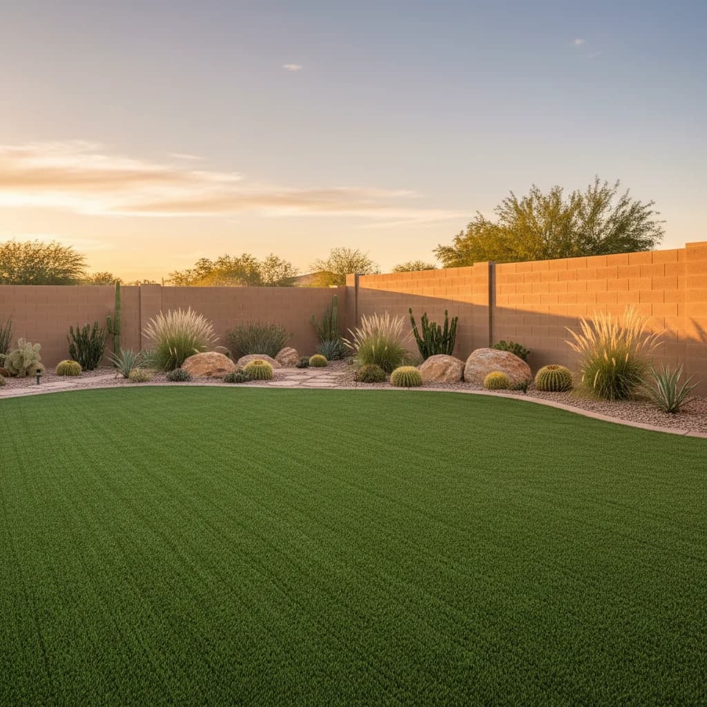 Well maintained artificial turf backyard with desert landscaping