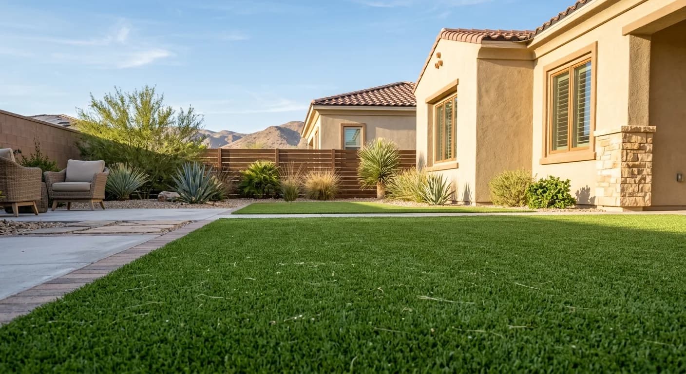 Clean fenced backyard artificial turf play area after sanitizing with patio edge visible